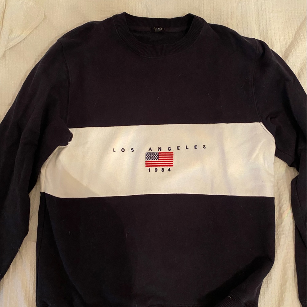 Navy and white sweatshirt